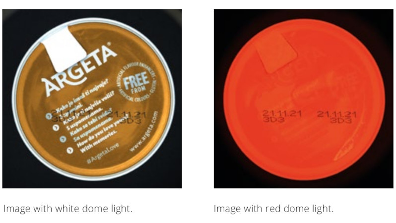 采用 LTDM 频闪圆顶光源和定焦镜头对食品罐头进行高速 OCR。红色波长适用于橙色/黄色罐头，并且相对于罐头背景增加了有效期的对比度，因此可以通过机器视觉算法轻松处理图像。