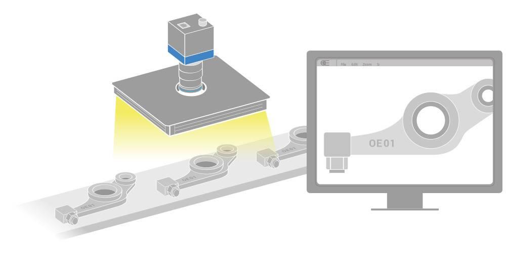 应用：反光金属元器件 OCR。样品： 金属零件  LTPH 系列平面圆顶光源均匀地照亮待检测工件，使雕刻的文字成像