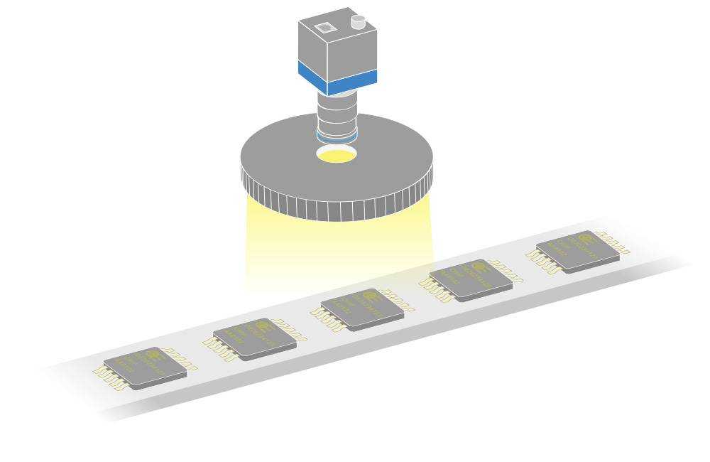 应用：IC 芯片 OCR - 样品：集成电路 - LTRNAD 系列环形光源提供均匀照明，可检测电子零件和表面缺陷。